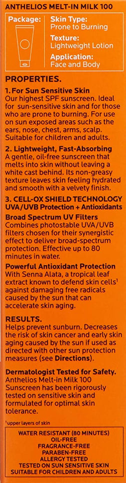 La Roche-Posay Anthelios Melt-in Milk Body & Face Sunscreen Lotion Broad Spectrum SPF 100, Oxybenzone & Octinoxate Free, Sunscreen for Kids, Adults & Sun Sensitive Skin, Unscented, 3 Fl oz