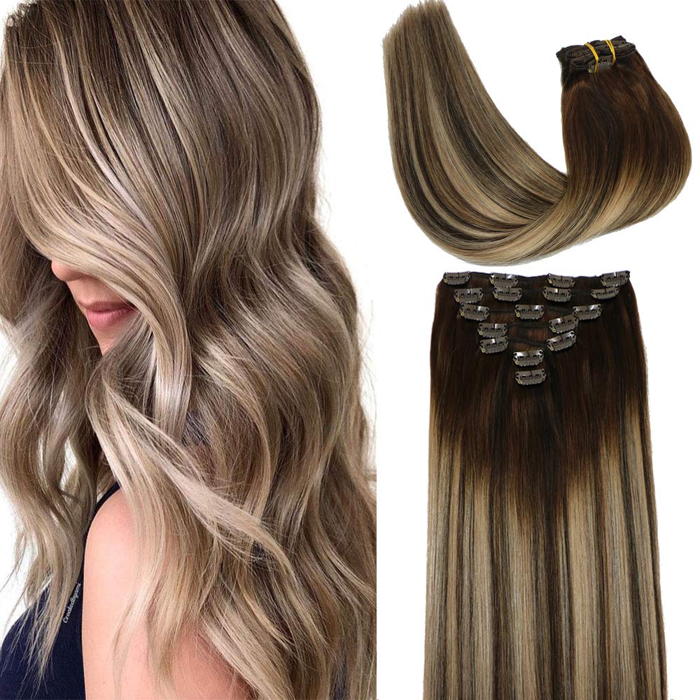 Clip In Human Hair Extensions Double Weft Brazilian Hair 120g 7pcs Chocolate Brown to Dark Blonde Highlight Chocolate Brown Full Head Silky Straight 100% Human Hair Clip In Extensions 22 Inch