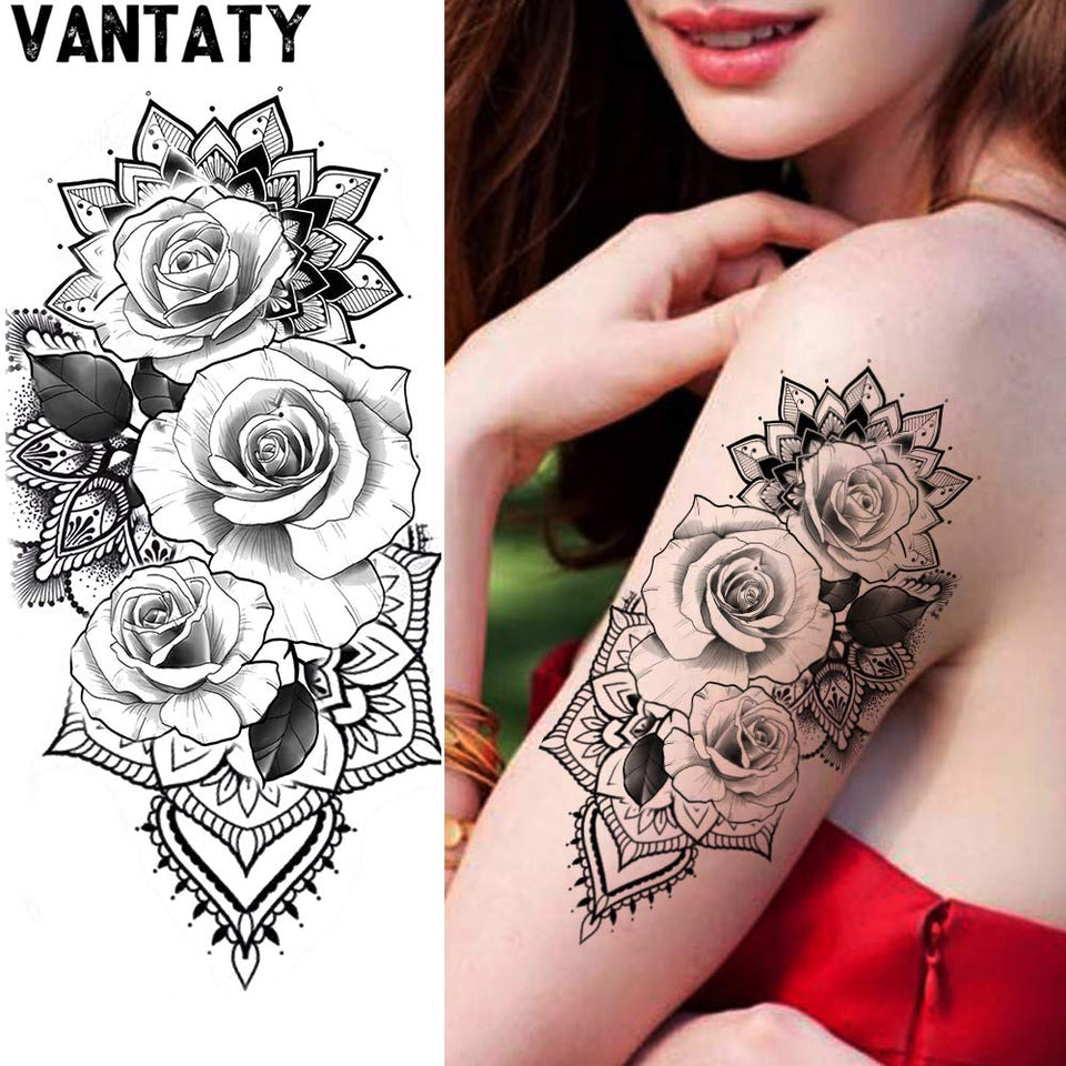 VANTATY 9 Sheets Lace Rose Flower Waterproof Temporary Tattoos For Girls Lady Fake Jewelrys Pendants Tattoo Stickers Lotus Pattern Body Art Indian Henna Painting Women Sexy Tatoos Chest
