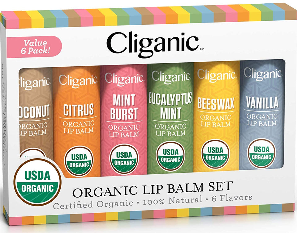 Cliganic USDA Organic Lip Balm Set (4 Packs of 6 Tubes), 100% Natural Moisturizer for Cracked & Dry Lips