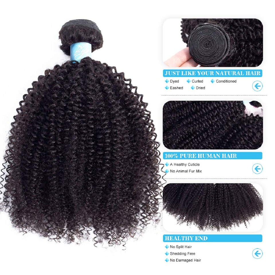 BLY 7A Mongolian Afro Kinky Curly Human Hair 3 Bundles Unprocessed Hair Weave Weft Big Hair for African American Women Natural Color (20/22/24 Inch)