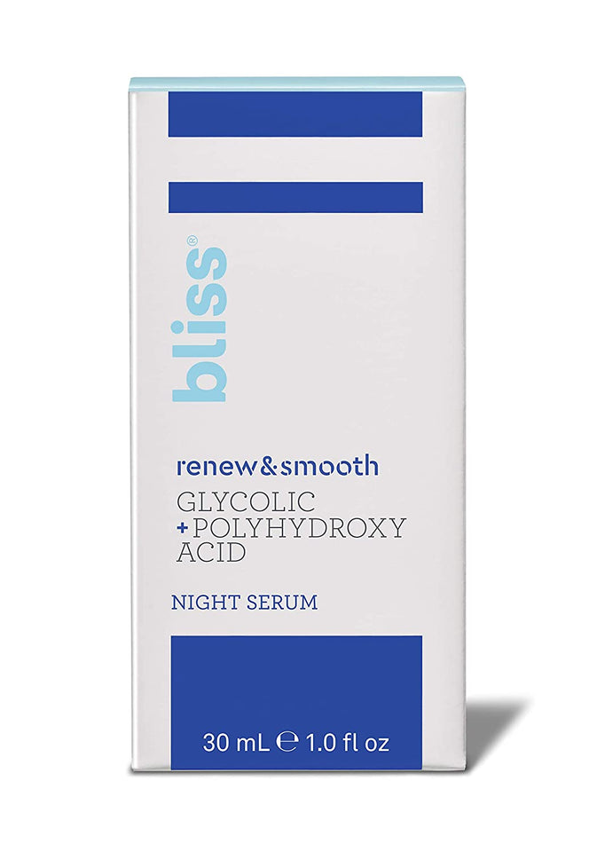 Bliss Renew & Smooth Night Serum, Resurfacing & Brightening Face Serum with Glycolic & Polyhydroxy Acid, Vegan & Cruelty-Free, 1 oz