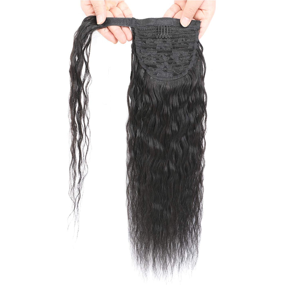 Corn Wave Ponytail Human Hair Extension Black Color Brazilian Hair Clip in Wrap Around Corn Wave Human Hair Ponytail 10A Grade Ponytail Hair Full Thick Bouncy Hair 130 Gram 16 Inch