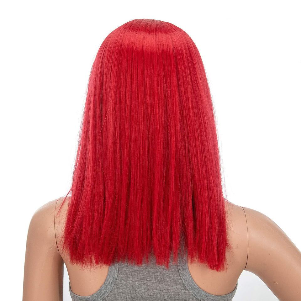 SWACC 14-Inch Short Straight Middle Part Hair Wig Medium Length Synthetic Heat Resistant Wigs for Women with Wig Cap (Red)
