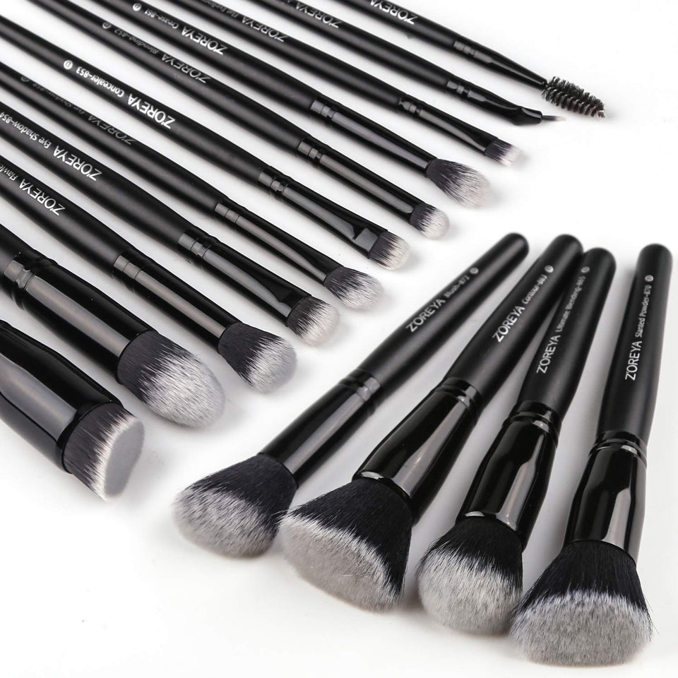 Zoreya Makeup Brushes 15Pcs Makeup Brush Set Premium Synthetic Kabuki Brush Cosmetics Foundation Concealers Powder Blush Blending Face Eye Shadows Black Brush Sets