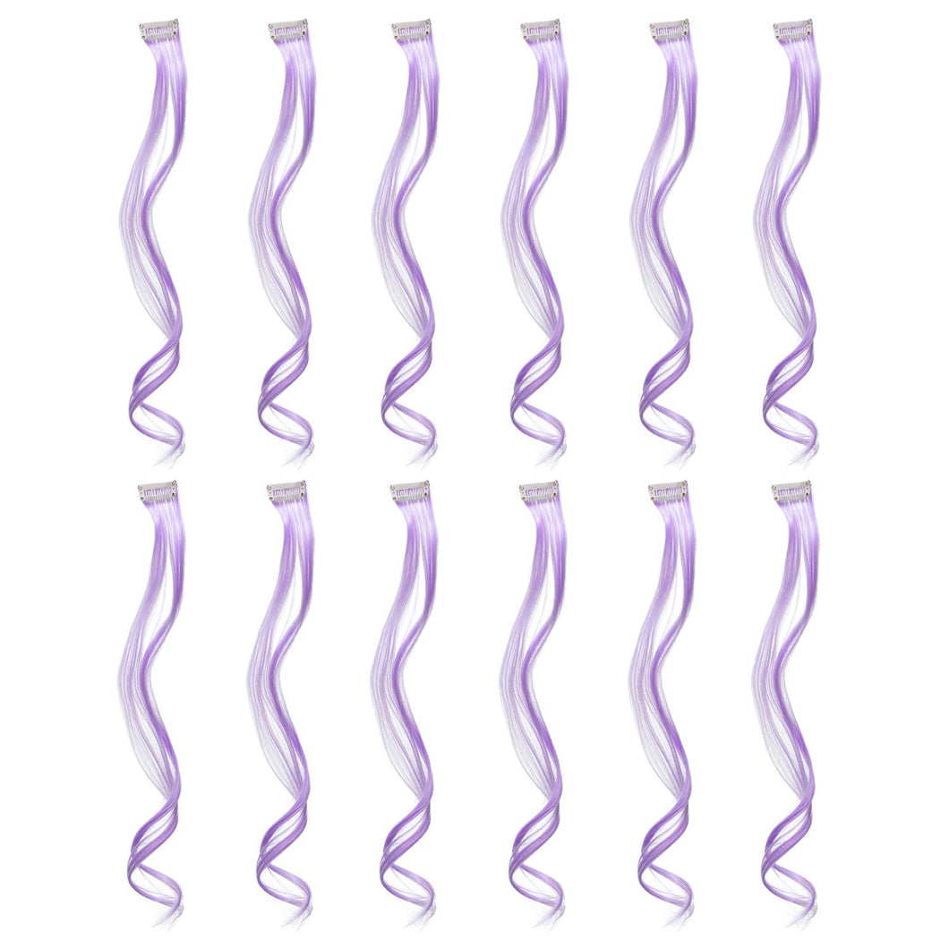 SWACC 12 Pcs Curly Wavy One Color Party Highlights Clip on in Hair Extensions Colored Hair Streak Synthetic Hairpieces (Lilac Purple)