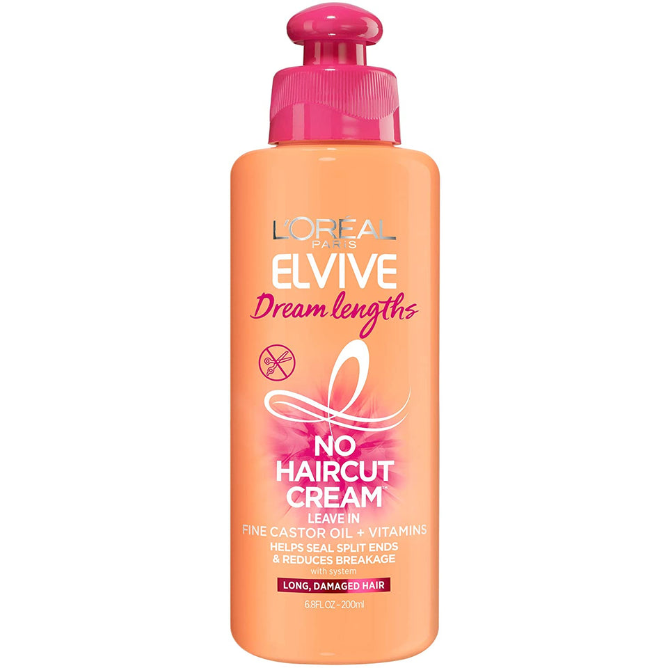 L’Oreal Paris Elvive Dream Lengths No Haircut Cream Leave in Conditioner With Fine Castor Oil and Vitamins B3 and B5 for Long, Damaged Hair, Helps Seal Split Ends and Reduces Breakage With System 6.8 FL; Oz