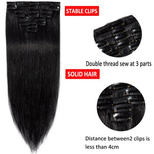 14 Inch Clip in Hair Extensions 100% Human Hair 60g Thin Standard Weft 8 Pcs 18 Clips Straight Clip on Human Hairpieces for Women #1 Jet Black