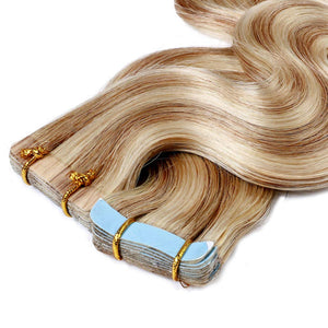 20 Inch Remy Tape in Hair Extensions Wavy Human Hair Highlight Body Wave 40pcs 100g Hair Seamless Skin Weft Glue in Human Hairpieces 2 Tones Balayage #18/613 Ash Blonde Mix Bleach Blonde