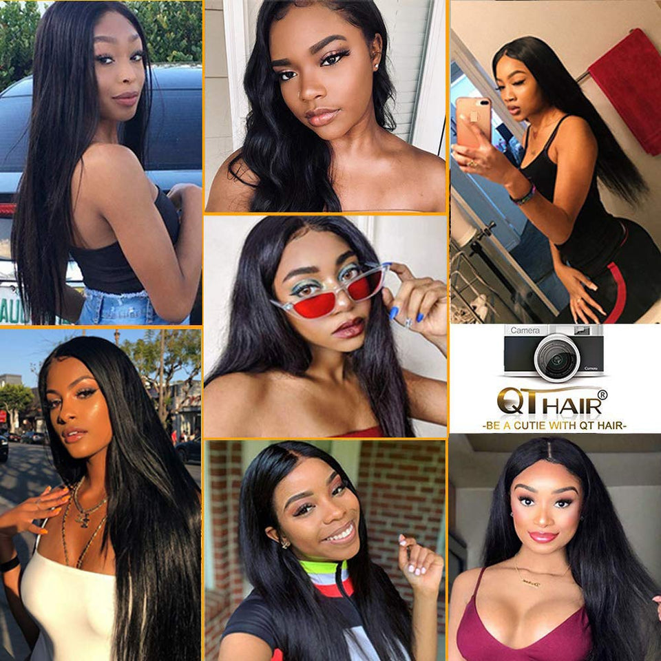 QTHAIR 12A Brazilian Straight Human Hair Bundles with Frontal(16 18 20+14,Natural Black) Brazilian Straight Virgin Hair with 13x4 Lace Frontal 100% Unprocessed Human Hair Weave with Frontal