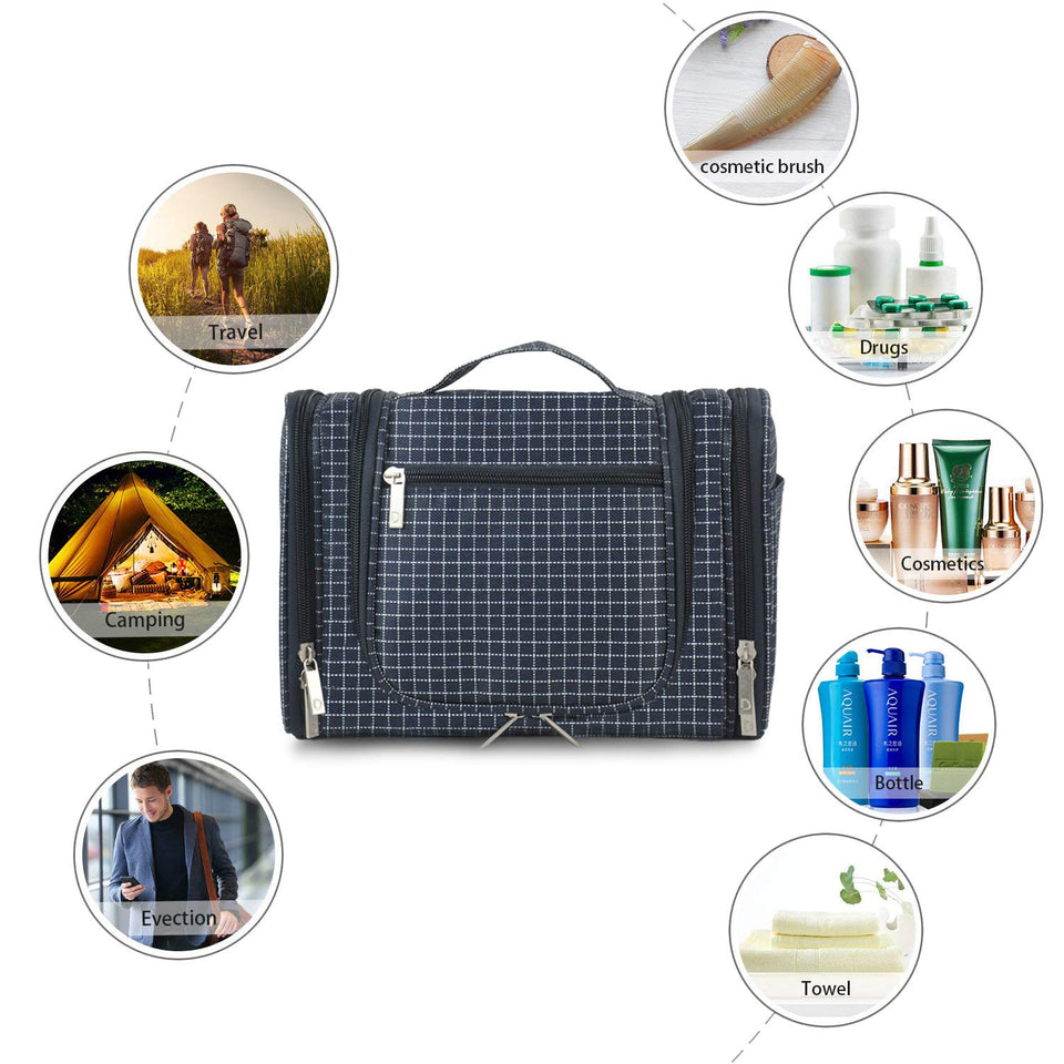 Hanging Toiletry Bag for Women & Men, OMYSTYLE Portable Travel Kit Bag, Waterproof Bathroom Toiletries Organizer with Hook for Makeup, Cosmetic, Shaving, Shampoo (Travel Size, Navy Plaid)