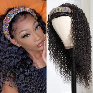 Nadula 10A Malaysian Curly Human Hair Half Wig Malaysian Curly Headband Wigs WEAR WITH OR WITHOUT Headband For Black Women Glueless 3/4 Half Wig 150% Density (20inch)