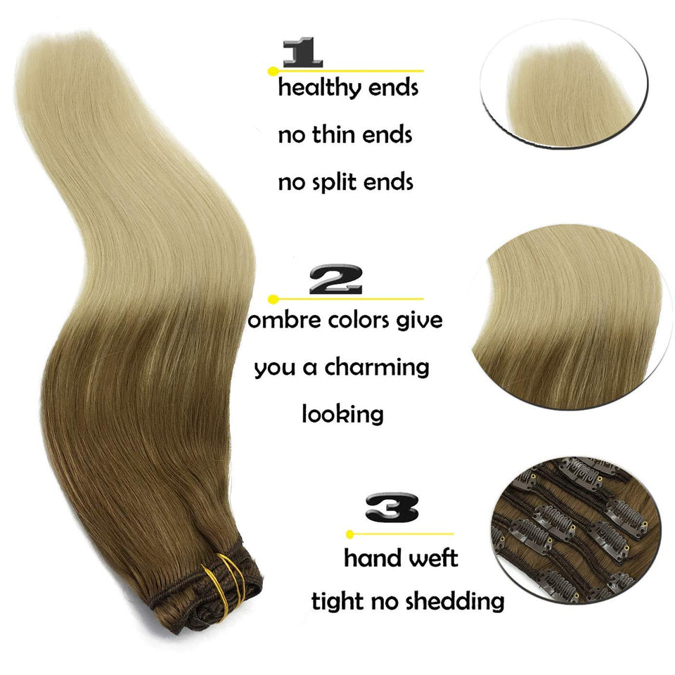 GOO GOO Human Hair Extensions Clip in Ombre Ash Brown to Platinum Blonde Remy Clip in Hair Extensions Straight 120g Natural Thick Hair Weft 16 Inch Real Hair Extensions Clip in