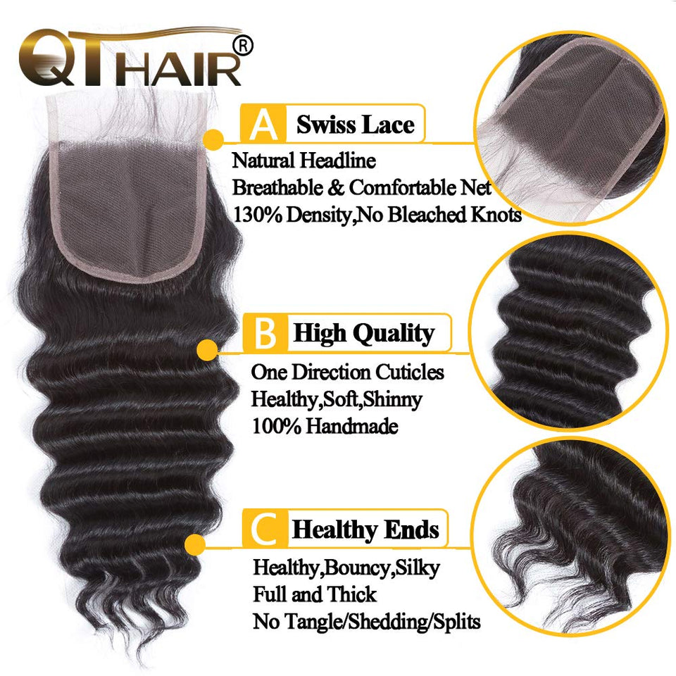 QTHAIR 12a Brazilian Loose Deep Wave Bundles with Closure Virgin Human Hair Bundles with Closure 4x4 Lace Closure(16 18 20+14) 100% Unprocssed Brazilian Virgin Hair