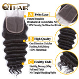 QTHAIR 12A Brazilian Loose Deep Wave Human Hair Bundles with Closure(14" 16" 18"+12",Natural Black) 130% Density Swiss Lace Brazilian Human Hair Lace Closure 100% Unprocessed Brazilian Virgin Hair