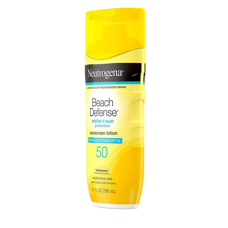 Neutrogena Beach Defense Water-Resistant Sunscreen Lotion with Broad Spectrum SPF 30, Oil-Free and PABA-Free Oxybenzone-Free Sunscreen Lotion, UVA/UVB Sun Protection, SPF 50, 6.7 fl. oz