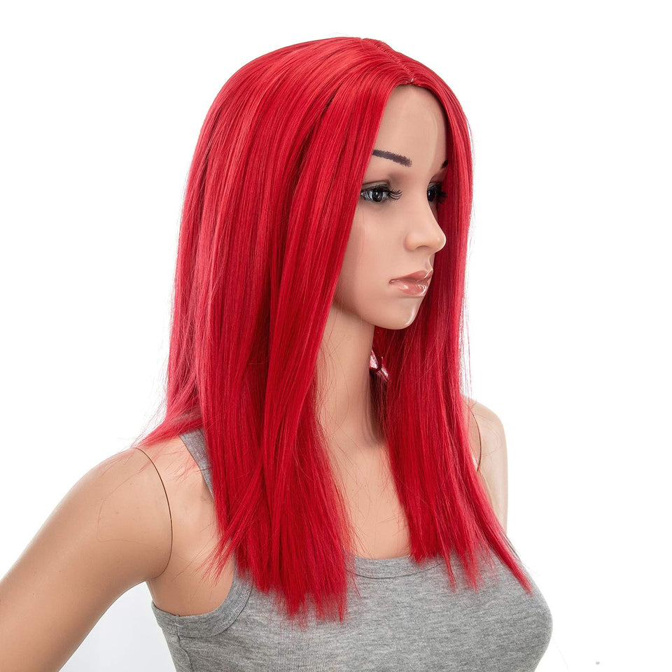 SWACC 14-Inch Short Straight Middle Part Hair Wig Medium Length Synthetic Heat Resistant Wigs for Women with Wig Cap (Red)