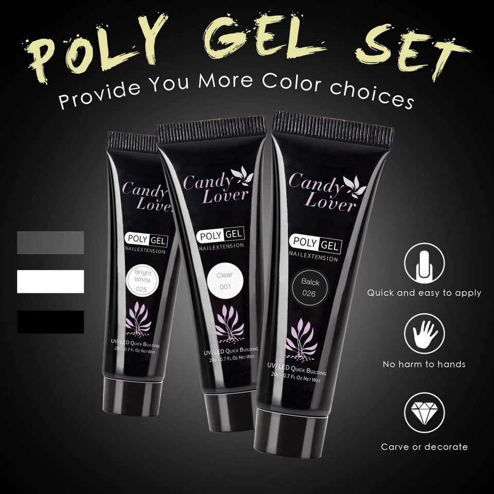 Poly Gel Nail Polish Set - Candy Lover Black White Clear 3 Popular Colors Nail Extension Gel Kit Enhancement Builder Gel, Quick Starter Soak Off UV LED 20g Tubes in Gift Box