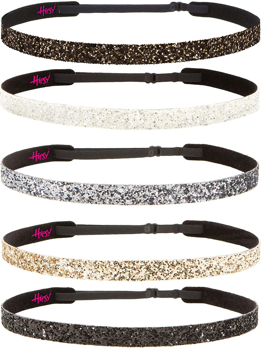 Hipsy Women's Adjustable NO SLIP Bling Glitter Headband Multi Gift Packs (Skinny Black/Gold/Gunmetal/White/Brown 5pk)