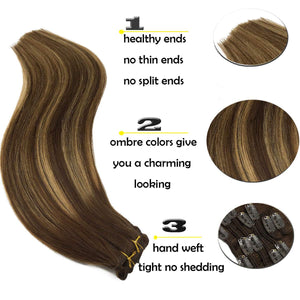 GOO GOO Clip in Hair Extensions Balayage Chocolate Brown to Caramel Blonde Remy Human Hair Extensions 7pcs 120g 20 Inch Long Hair Extensions Clip in Human Hair Straight Hair
