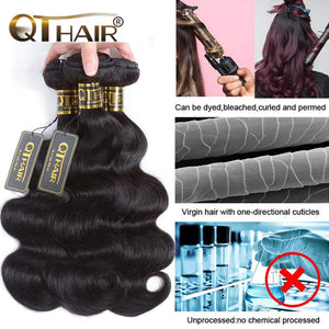 QTHAIR 12a Grade Brazilian Body Wave Human Hair Bundles with Closure(12" 14" 16"+10",3 Bundles+Middle Part Closure)130% Density Swiss Lace Closure with Brazilian Virgin Hair Weave