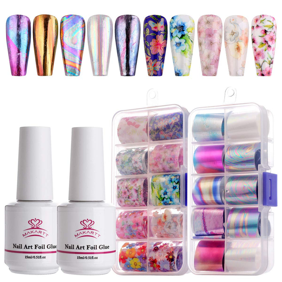 Makartt Nail Art Foil Glue Gel with Stickers Set Rose Flowers Metal Nail Transfer Gel Tips Manicure Art DIY 15ML, 20PCS (2.5cm100cm) Stickers, UV LED Lamp Required