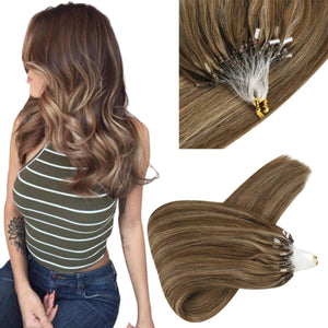 Sunny Micro Loop Hair Extensions Remy Straight Micro Ring Human Hair Extensions Brown and Blonde Highlights,Silky Human Hair Extensions 50G Per Pack 14inch