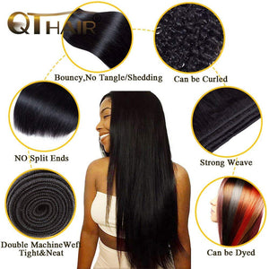 QTHAIR 12A Grade Straight Human Hair Bundles 100% Unprocessed Straight Human Hair Weave Natural Black (20", 13x4 Frontal)