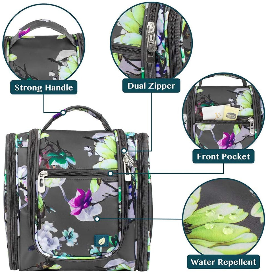 PAVILIA Hanging Travel Toiletry Bag for Women Men | Bathroom Toiletry Organizer Kit for Cosmetics Makeup | Dopp Kit Hygiene Bag for Shaving Shower (Floral Grey)