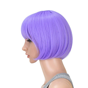 SWACC 10 Inch Short Straight Bob Wig with Bangs Synthetic Colorful Cosplay Daily Party Flapper Wig for Women and Kids with Wig Cap (Lavender Purple)