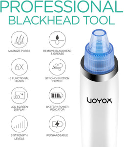 VOYOR Blackhead Remover Pore Vacuum - Electric Face Vacuum Pore Cleaner Acne White Heads Removal with 6 Suction Head and 5 Suction Levels BR510