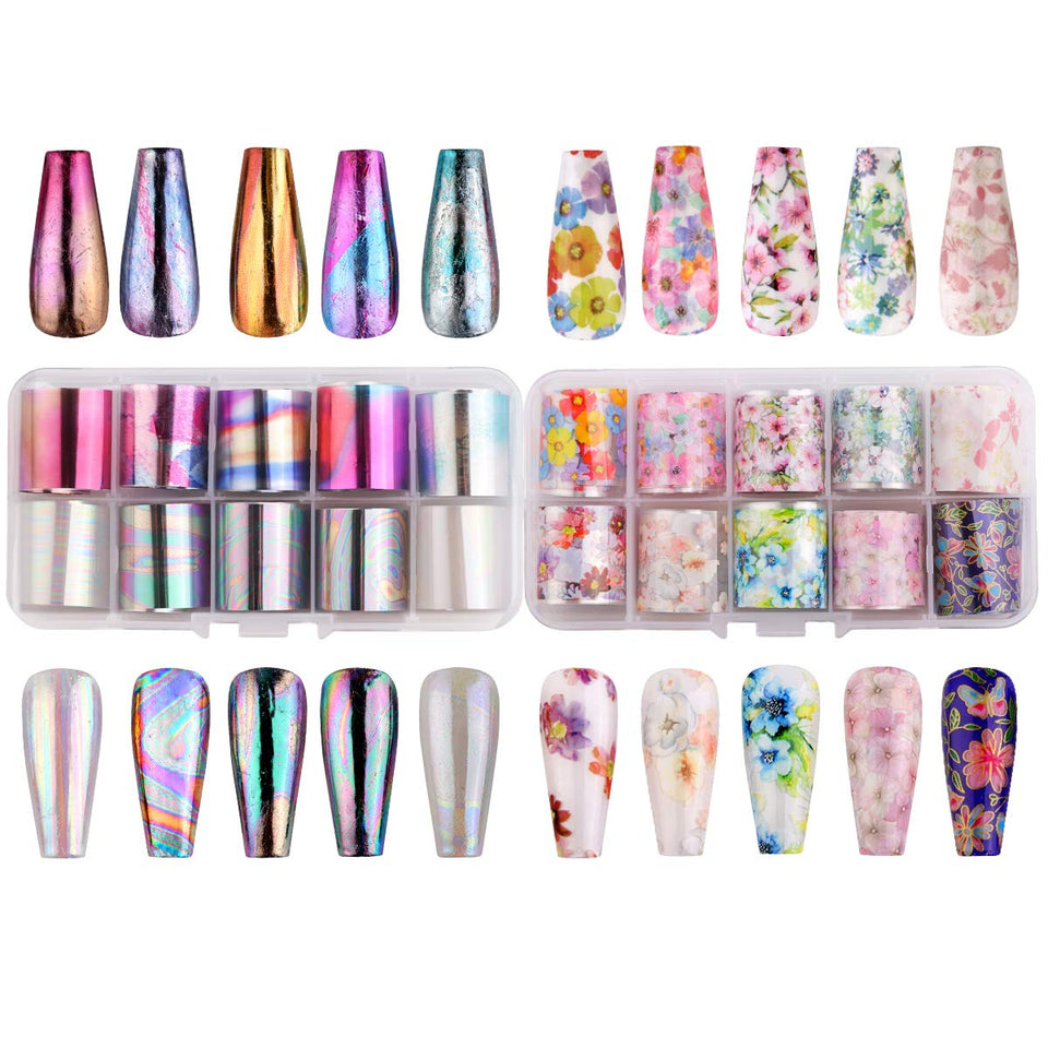 Makartt Nail Art Foil Glue Gel with Stickers Set Rose Flowers Metal Nail Transfer Gel Tips Manicure Art DIY 15ML, 20PCS (2.5cm100cm) Stickers, UV LED Lamp Required