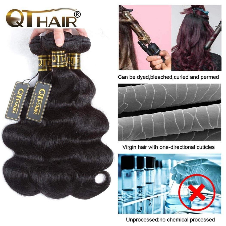 QTHAIR 12A Brazilian Virgin Hair Body Wave 3 Bundles(18 16 14,300g,Natural Black) 100% Unprocessed Brazilian Hair Bundles Weave Weft Brazilian Body Wave Remy Human Hair Extenions