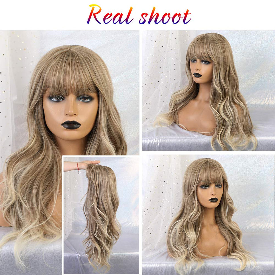 24"Women Synthetic Wigs Long Wavy Blond with Fluffy Air Bangs Light