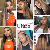 UNice Ombre Highlight Lace Front Human Hair Wig Brown Blonde Mixed Color, Brazilian Remy Straight Hair 13x4 Lace Frontal Wig Pre Plucked with Baby Hair for Women 150% Density (18inch)