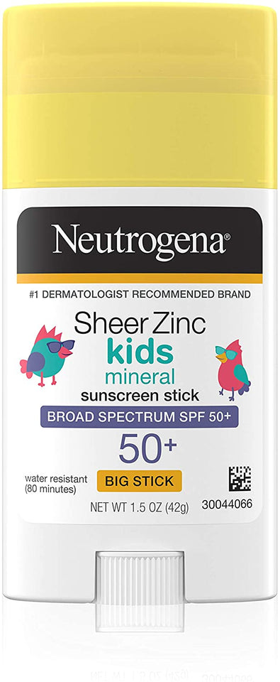 Neutrogena Sheer Zinc Oxide Kids Mineral Sunscreen Stick, Broad Spectrum SPF 50+ & UVA/UVB Protection & Water Resistant with Residue-Free, No-Mess Application, Oil- & Paraben-Free, 1.5 oz