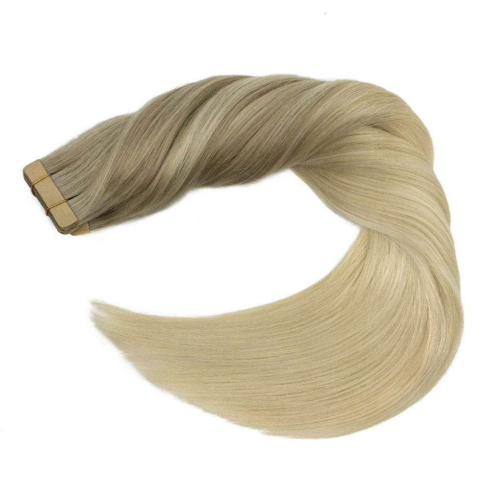 GOO GOO Blonde Tape in Hair Extensions Human Hair 20pcs 50g 18 Inch Balayage Ash Blonde to Golden Blonde and Platinum Blonde Straight Real Tape in Hair Extensions