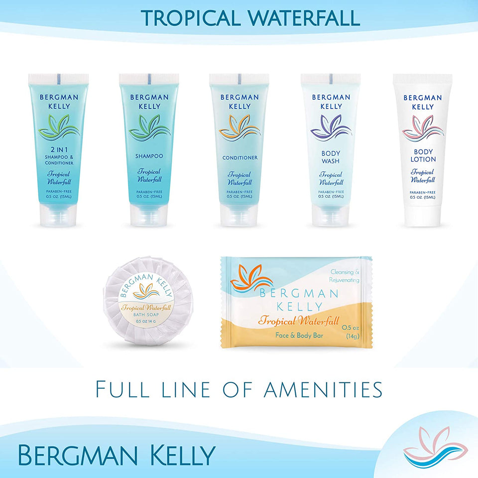 BERGMAN KELLY Rectangular Sanitary Soap Bars, Shampoo & Conditioner 3-Pc Set (0.5 oz each, 150 pc, Tropical Waterfall), Delight Guests with Invigorating & Refreshing Bulk Travel Size Hotel Toiletries
