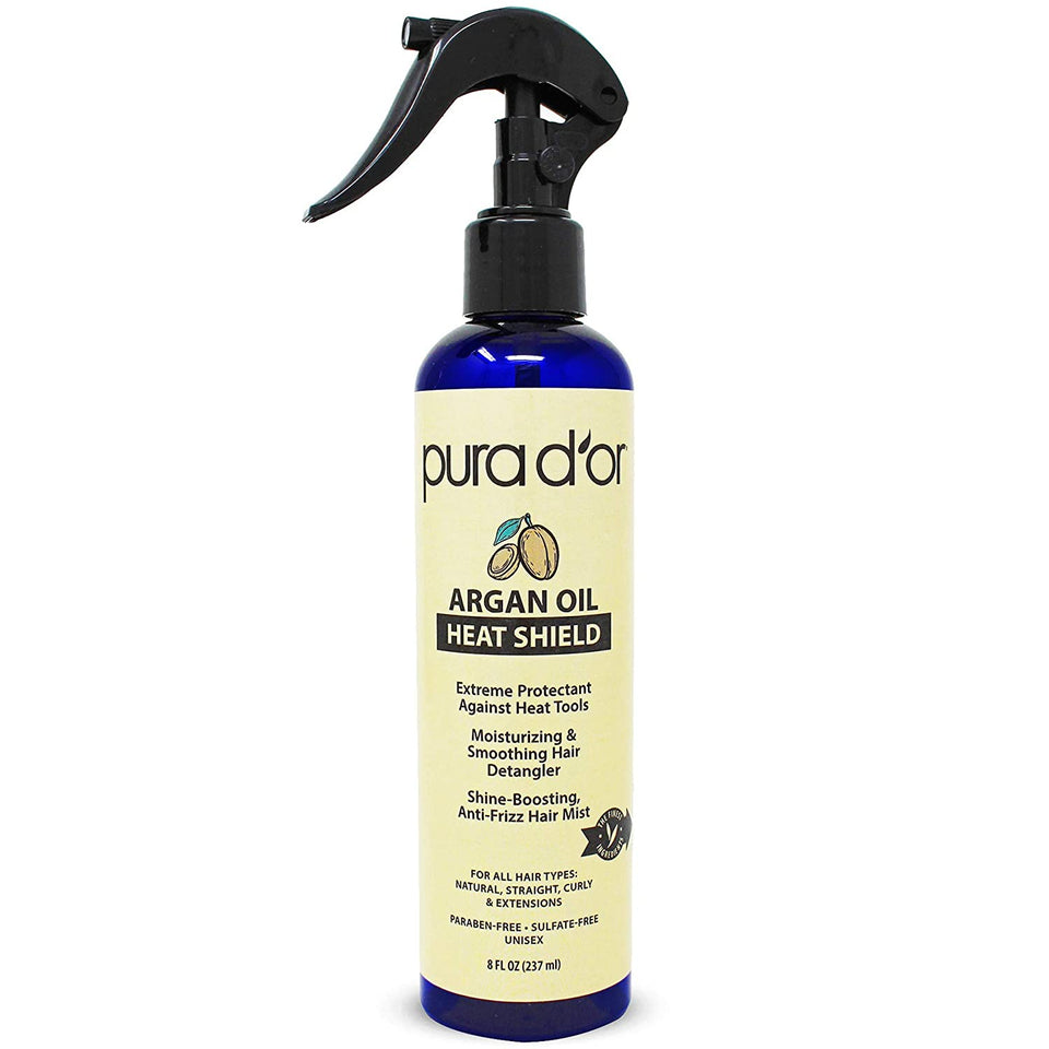PURA D'OR Argan Oil Heat Shield Protectant Spray (8oz / 237mL) Infused w/ Organic Argan Oil: Protect up to 450º F from Flat Iron & Hot Blow Dry. Leave-In Conditioner: Define & Shine Dry & Damaged Hair