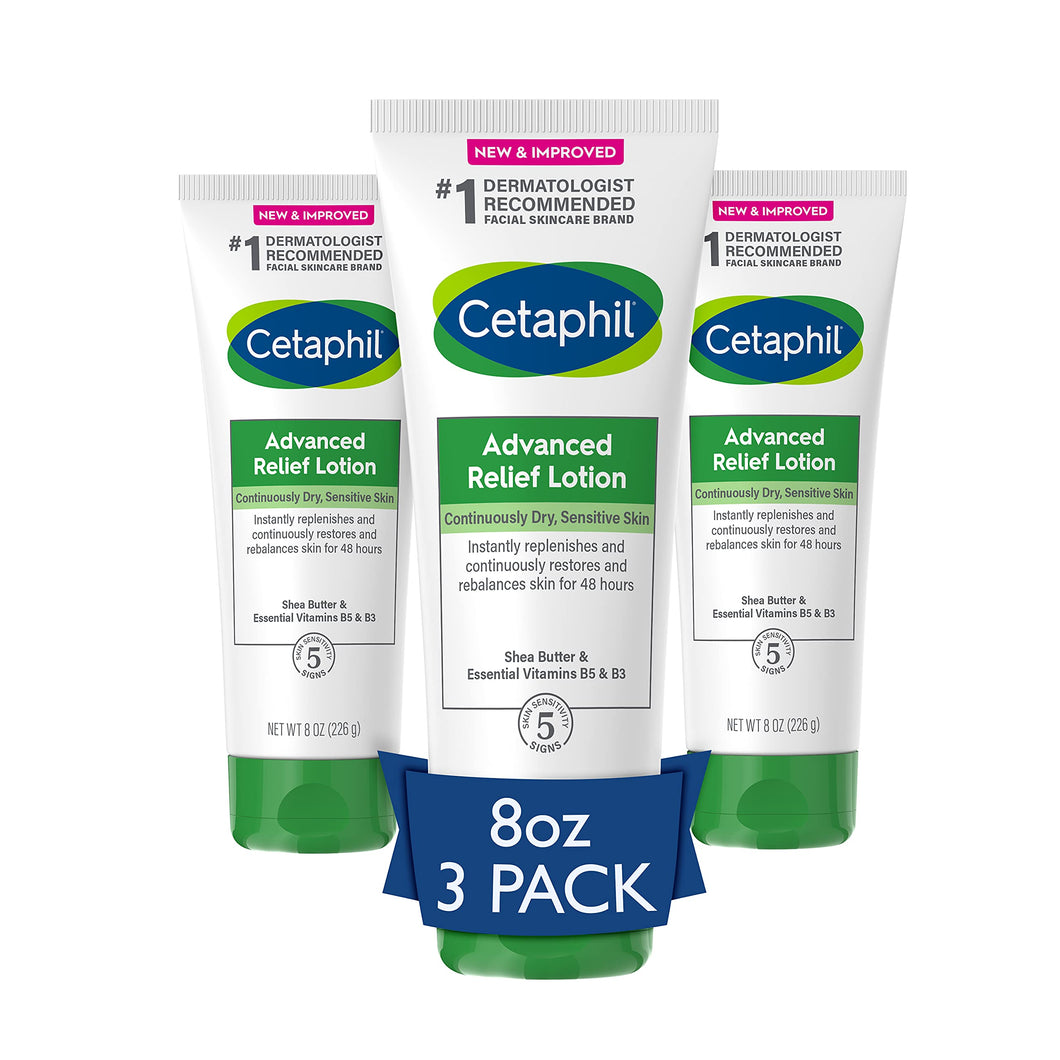 Body Lotion by CETAPHIL, Advanced Relief Lotion with Shea Butter for Dry, Sensitive Skin, NEW 8 oz Pack of 3, Fragrance Free, Hypoallergenic, Non-Comedogenic