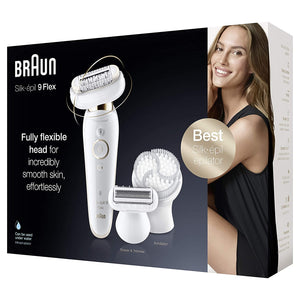 Braun Epilator for Women with Flexible Head, Silk-épil 9 9-030 for Hair Removal, Womens Shaver & Trimmer, Wet & Dry, Cordless, Rechargeable, Beauty Kit with Body Exfoliation Cap, White/Gold
