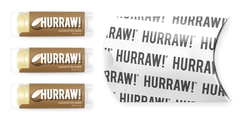 Hurraw! Coconut Lip Balm, 3 Pack: Organic, Certified Vegan, Cruelty and Gluten Free. Non-GMO, 100% Natural Ingredients. Bee, Shea, Soy and Palm Free. Made in USA