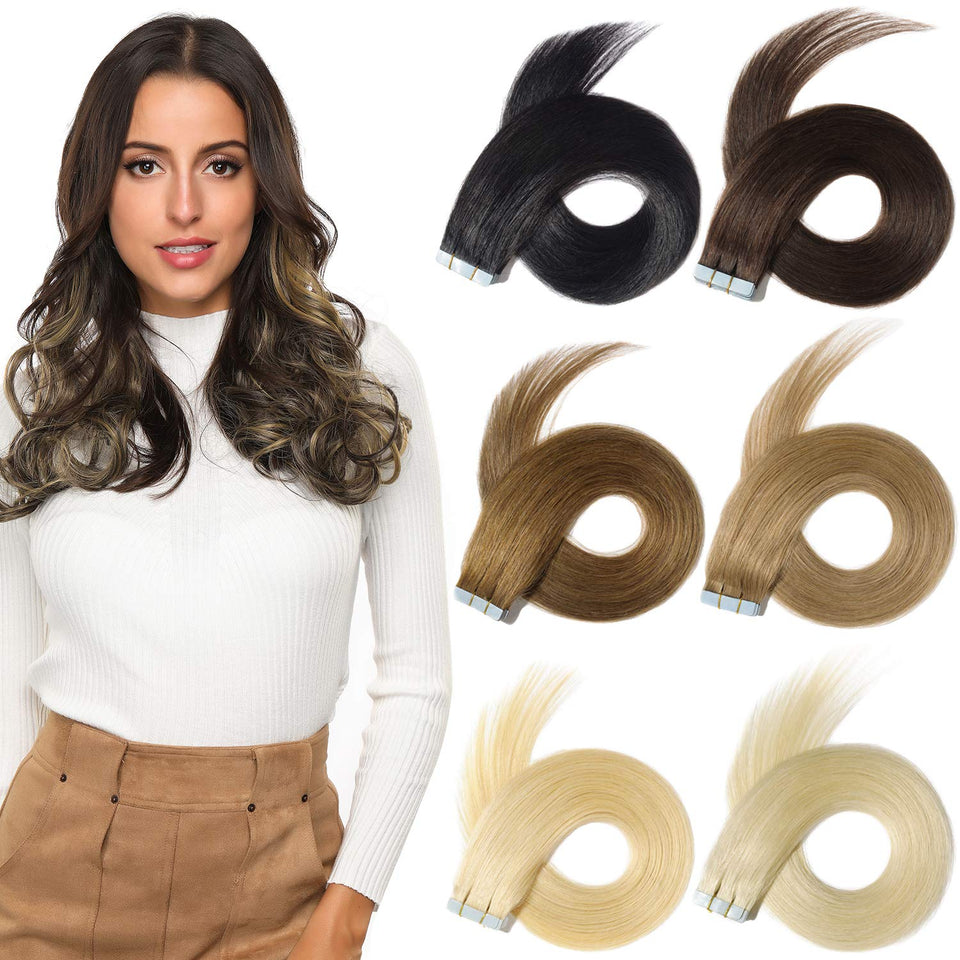 ROSEBUD Tape in Hair Extensions REMY Human Hair, Secure Skin Weft Hair Extensions Seamless 50g/Pack 20Pcs 16 Inch