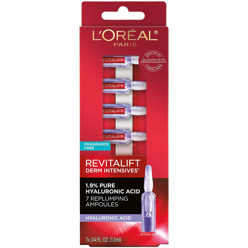 L'Oreal Paris Revitalift Derm Intensives Hyaluronic Acid Serum Ampoules 7 Day Boost Pure Hyaluronic Acid Anti-Aging Ampoules to visibly replump skin in 7 days, 7 Ampoules, 0.28 fl; oz.