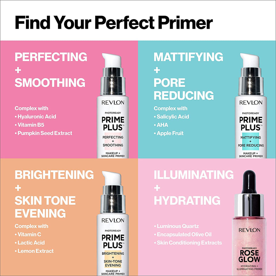 REVLON Prime Plus Makeup & Skincare Primer, Brightening and Skin-Tone Evening, Formulated with Vitamin C and Lactic Acid, 1 oz