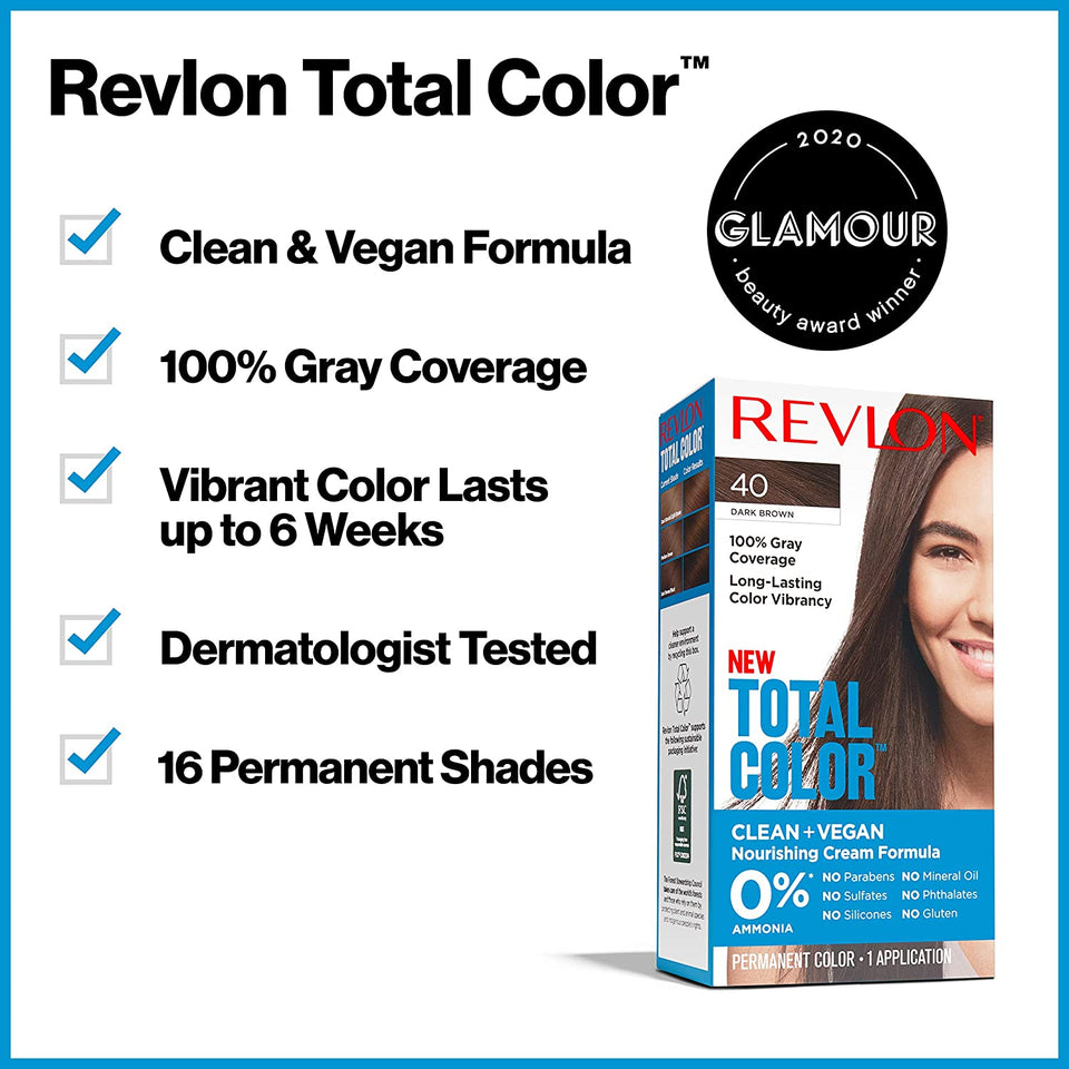 Revlon Total Color Permanent Hair Color, Clean and Vegan, 100% Gray Coverage Hair Dye, 53 Medium Golden Brown, 3.5 oz