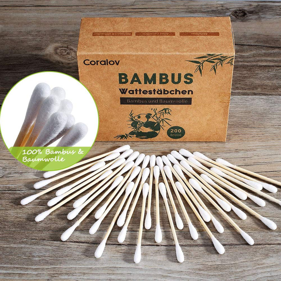 Bamboo Cotton Swabs 200ct | Wooden Cotton Swab | Double Tipped Ear Sticks | Recyclable & Biodegradable cotton buds for Ears | Plastic Free Makeup Swab