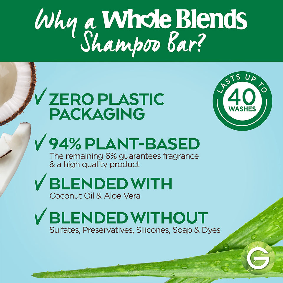 Garnier Whole Blends Hydrating Shampoo Bar for Normal Hair, Zero Plastic Packaging, Free of Preservatives, Sulfates, Silicones, Soap & Dye, with Coconut Oil & Aloe Vera, 2 Oz