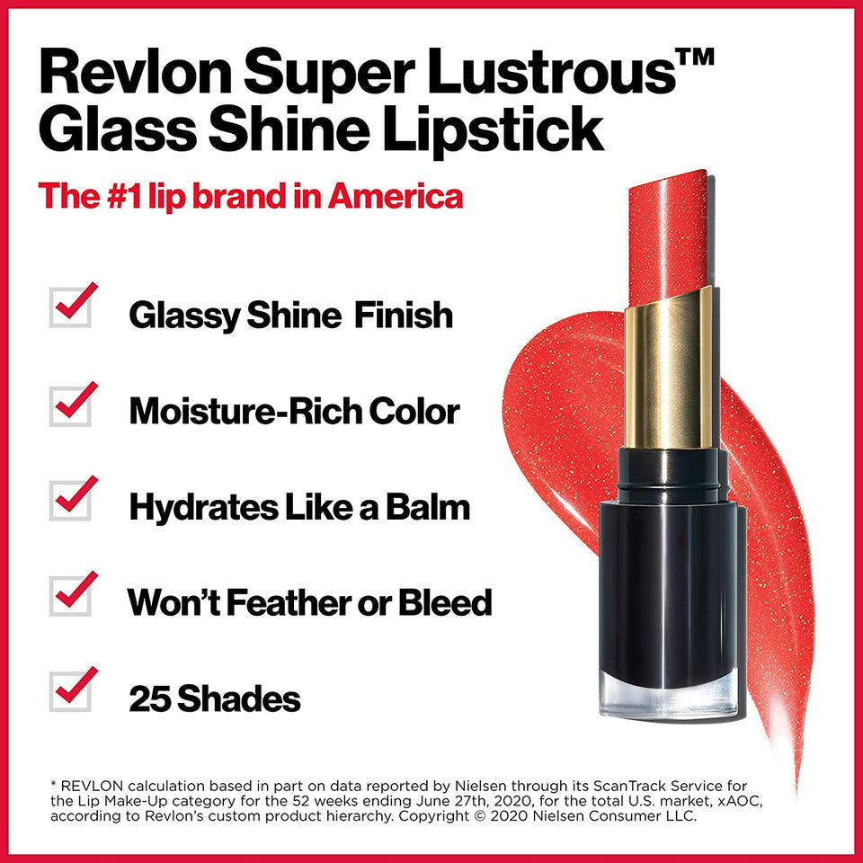 Revlon Super Lustrous Glass Shine Lipstick, Flawless Moisturizing Lip Color with Aloe, Hyaluronic Acid and Rose Quartz, Glazed Mauve (007), 0.15 oz