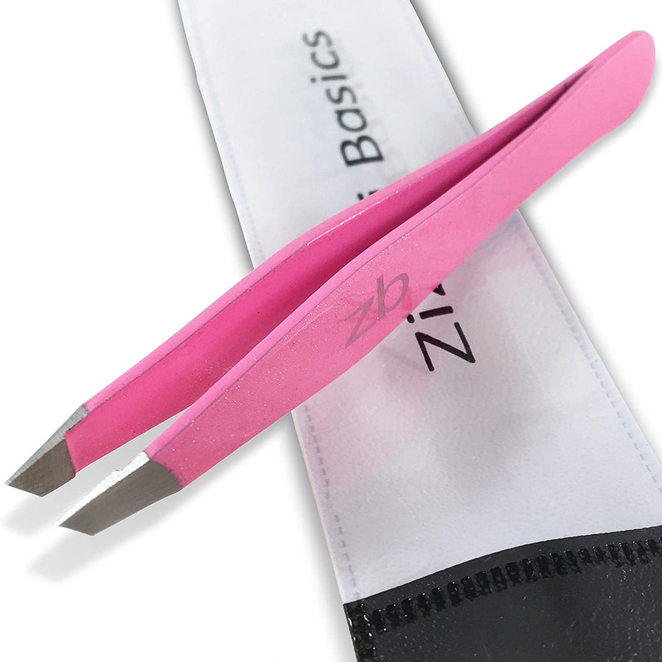 Tweezers – Surgical Grade Stainless Steel - Slant Tip for Expert Eyebrow Shaping and Facial Hair Removal – with Protective Pouch (Bubblegum Pink)
